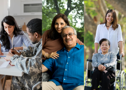 A collage shows four diverse families engaged in caregiving activities. 