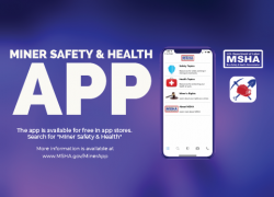 Miner Safety and Health App Graphic with a phone. 