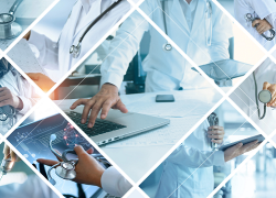 A collage of medical-related imagery, such as workers in lab coats and scrubs, and stethoscopes.