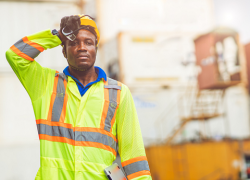 A worker in reflective clothing stands outside in the heat, wiping his brow.