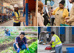 Four images highlighting various work industries: a person in a warehouse, a cashier in a grocery store, a farmworker in a field, and another person putting items in a car trunk outside a retail store.