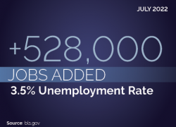July 2022: +528,000 jobs added. 3.5% unemployment rate. Source: bls.gov. dol.gov 