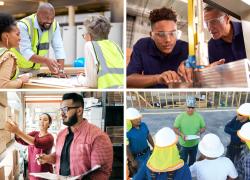 uma colagem de trabalhadores e empregadores em locais de trabalho