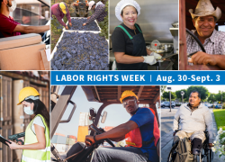 Collage showing immigrant workers in different occupations with the text "Labor Rights Week, August 30 to September 3. dol.gov/LaborRightsWeek"