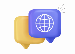 3D icons representing chat bubbles and a language translator tool.