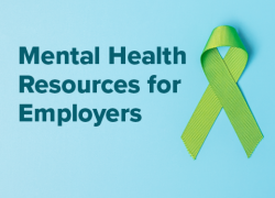 Mental Health Resources for Employers. Green ribbon on a blue background.
