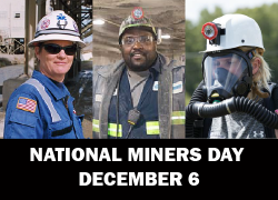 Three miners in hard hats and reflective vests, on different sites. National Miners Day. December 6