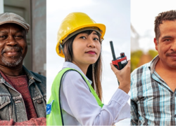 Two male workers and one female worker are pictured in a collage.