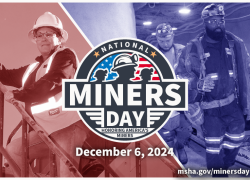 Graphic with a woman miner standing on stairs and wearing protective gear and a white hard hat. A second image with two miners walking, wearing protective gear and a hard hat with a lamp. Text reads: National Miners Day, Honoring America’s Miners, December 6, 2024 | msha.gov/minersday