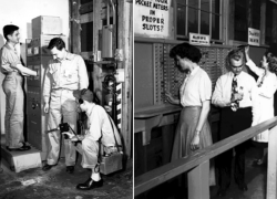 Two black and white photos. On the left, three men in uniforms check for radioactive contaminants using handheld machinery and a large early computer-type device. On the right, one male and two female workers place small devices into slots in a cabinet along a wall. A sign reads, “Are your pocket meters in proper slots?”