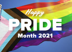 Trans-inclusive Pride flag with brown and black stripes, and the text "Happy Pride Month 2021."