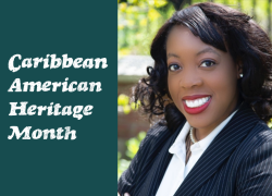 Photo of Samantha Thomas and the text "Caribbean American Heritage Month"