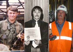 Photo collage of Seward Dinsmore as a young man in uniform in Vietnam, a black-and-white image of him in professional clothes holding a certificate, and a photo of him in protective vest and a hardhat with the Wage and Hour Division logo. 