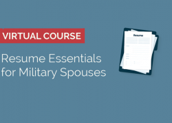 Illustration of a resume with the text "Virtual course: resume essentials for military spouses"