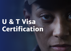 Close-up image of a woman's face with the text "U and T Visa Certification"