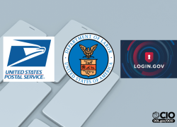 Fondo de teclado con logotipos del Servicio Postal de los Estados Unidos (United States Postal Service), del Departamento de Trabajo de los Estados Unidos y de login.gov, con el logotipo de la Oficina del Director de Información (OCIO) en la esquina inferior.