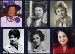 Collage featuring portraits of Dorothy Height, Sue Ko Lee, Eula Bingham, Addie Wyatt, Luisa Moreno and Dolores Huerta.