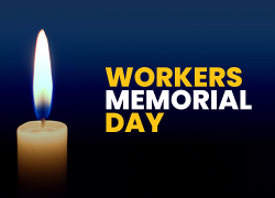 Blue image with a lit candle on the left side. On the right, in yellow and white, there is text that says "Workers Memorial Day."