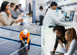 A collage shows call center workers, office workers, lab technicians and a solar panel installer.