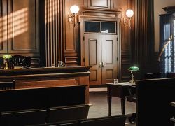 An empty wood-paneled courtroom showing the judge's bench, and defendant's and plaintiff's tables.