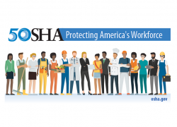 Illustration of a diverse group of workers with the text "OSHA 50: Protecting America's Workforce."