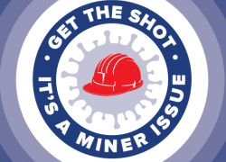 Graphic of a miner's hardhat with the text, "Get the shot. It's a miner issue."