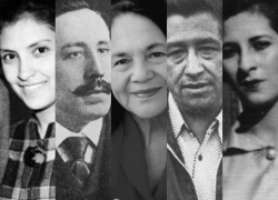 Collage of photos of Emma Tenayuca, Santiago Iglesias Pantin, Dolores Huerta, Cesar Chavez and Luisa Moreno