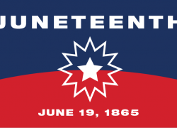 Background: top half is blue, bottom is red. In white text: Juneteenth 19, 1865