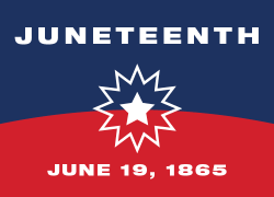 The Juneteenth flag in red, white and blue. A star represents freedom, a burst represent new beginnings, and an arc represents new horizons.