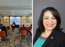 Left: A presentation in a conference room with several attendees seated facing a speaker. Right: Portrait of a smiling person wearing a black blazer and turquoise blouse.