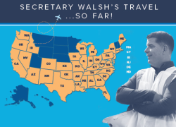 U.S. map with 39 states shaded in to indicate Secretary Walsh has visited them