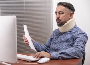 A man in a neck brace works on a computer. 