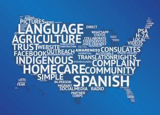 A word cloud shaped like the U.S. contains words like Language, Spanish, Homecare, Agriculture, Trust and Community.