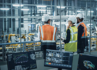 A photo of three people viewing machinery inside a building.