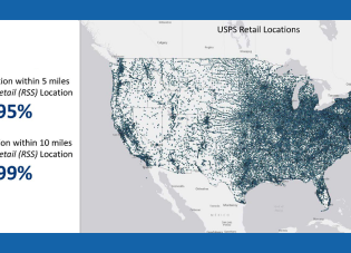 Map showing U.S. Postal Service locations in the United States. 95% of the population lives within 5 miles and 99% lives within 10 miles of a USPS location. 