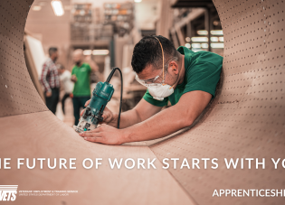 A box with a worker and the phrase The Future of Work Starts with You.