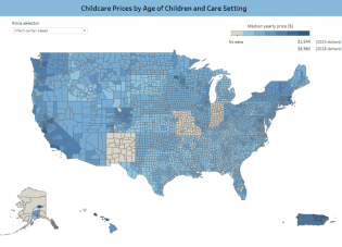 A map of the United States titled Childcare Prices by Age of Children and Care Setting. 