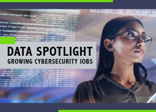 "Data spotlight: Growing Cybersecurity Jobs" and a female IT worker holding a laptop