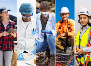 Perspectivas para os empregos verdes Cinco fotos de trabalhadores diversos em diferentes ocupações relacionadas ao meio ambiente, incluindo um instalador de painel solar, um técnico de turbina eólica, um químico, um engenheiro agrônomo e um cientista ambiental.