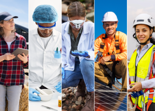 Perspectivas de empleos verdes.  Cinco fotografías de diversos trabajadores en diferentes ocupaciones relacionadas con el medio ambiente: un instalador de paneles solares, una técnica en turbinas eólicas, un químico, una ingeniera agrónoma y una ambientóloga.