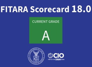 Un gráfico con el texto “Ficha de evaluación de FITARA 18.0. Calificación actual: A” (FITARA scorecard 18.0. Current grade: A). El sello del Departamento de Trabajo y el logotipo de OCIO en la parte de abajo.