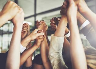 A group of hands high fiving.