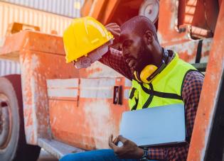 A worker sits down on a work vehicle to cool down. They are wiping sweat off of their forehead.