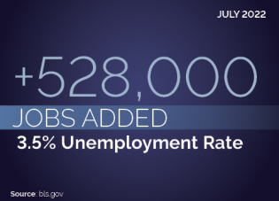 July 2022: +528,000 jobs added. 3.5% unemployment rate. Source: bls.gov. dol.gov 