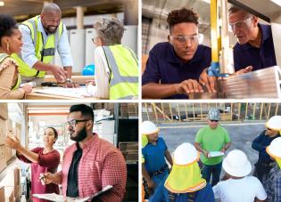 Collage de trabajadores y empleadores en el lugar de trabajo