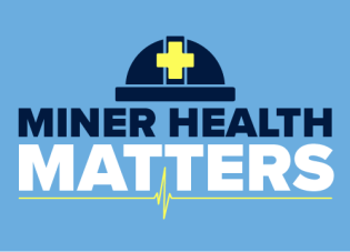 The text "Miner Health Matters" against a light blue background with a miner's helmet and a zig zag line similar to an EKG graph 