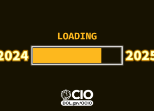 Computer file update progress bar showing the year 2024 on the left and the year 2025 on the right, indicating the new year is “loading.” The OCIO logo is on the bottom.