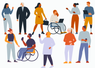 Diverse illustrated workers, including some who use wheelchairs
