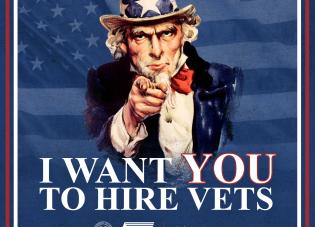 Image of Uncle Sam from classic recruitment poster. Text says "I want YOU to hire vets."