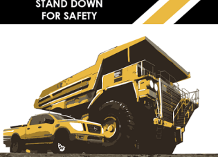 Graphic showing powered haulage vehicles with the text "Stand Down for Safety"